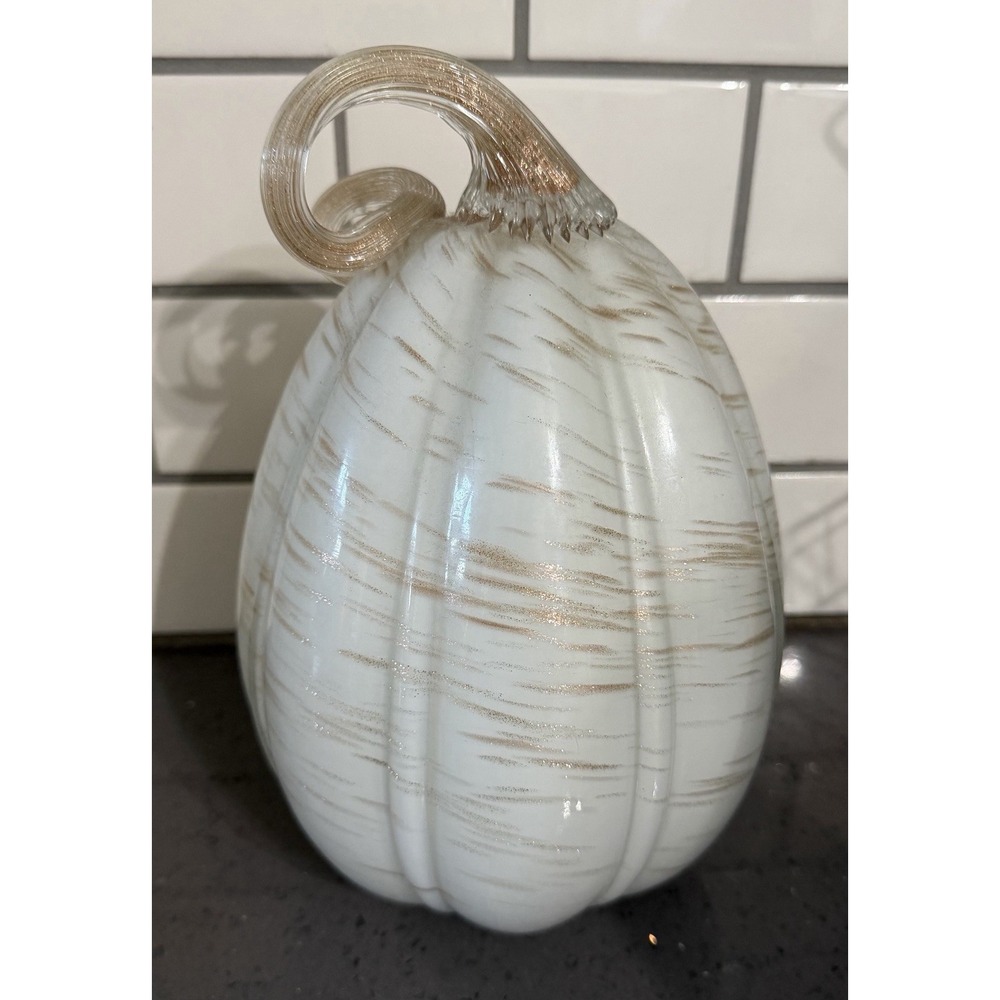 Hand Blown Art Glass Pumpkin Copper Glittery White Figure‎